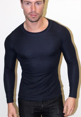 80S VINTAGE CLASSIC NAVY RIBBED LONG SLEEVE FITTED TOP