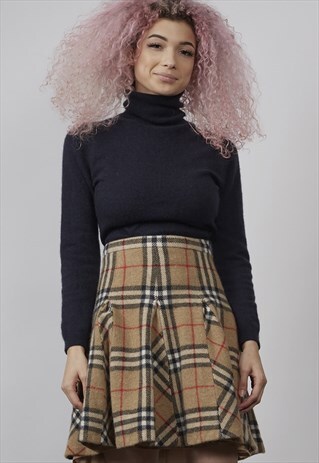VINTAGE 90'S BEIGE TARTAN PLEAT WOOL SKIRT