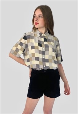 Cherie Vintage 80's Preppy Grey Check Short Sleeve Blouse