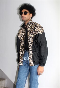 Vintage 90s Black Tiger Print Shell Rave Jacket