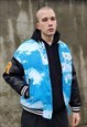 CLOUDS VARSITY BOMBER SKY FAUX LEATHER SLEEVES JACKET BLUE