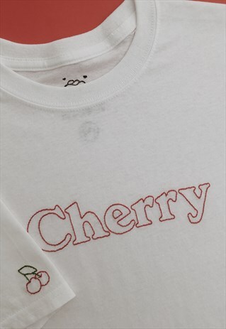 HAND EMBROIDERED CHERRY TEE WITH CUTE SLEEVE EMBROIDERY