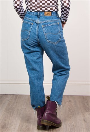LEE VINTAGE 90'S BLUE DENIM HIGH WAIST RAW HEM MOM JEANS