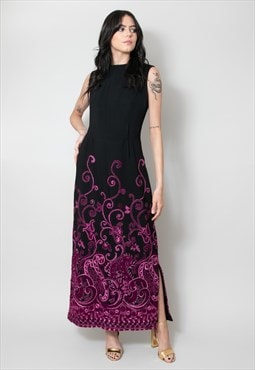 70's Vintage Dress Ladies Black Sleeveless Maxi Purple