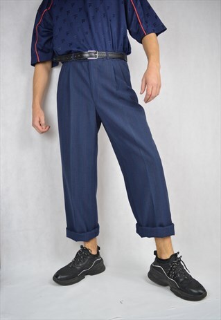 VINTAGE BLUE STRIPED STRAIGHT WOOL CLASSIC SUIT TROUSERS