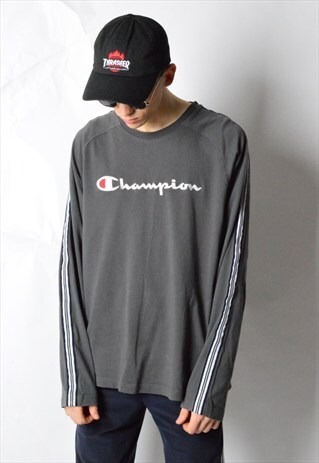 VINTAGE 90S GREY EMBROIDERED CHAMPION LONG SLEEVE SHIRT