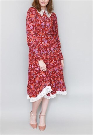 VINTAGE 1960'S MEMO RED AND PURPLE FLORAL PRINT SKIRT CO-ORD