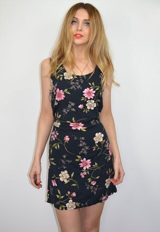 VINTAGE 90S BLACK FLORAL PRINT MINI SHIFT DRESS