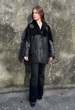 80's Vintage Black Leather Shearling Ladies Winter Coat