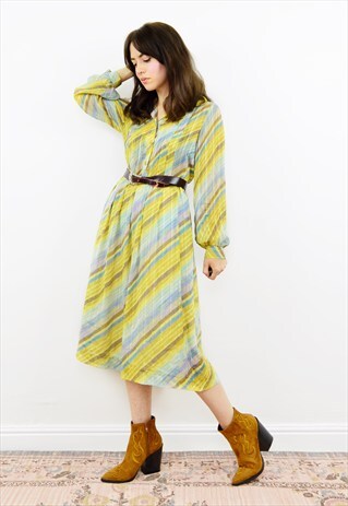 80S CHIFFON STRIPED LONG SLEEVED MIDI DRESS