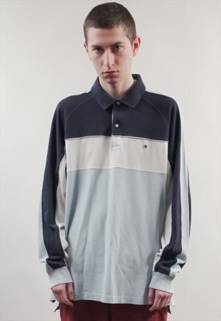 VINTAGE 90'S TOMMY HILFIGER BLUE STRIPED POLO SWEATER