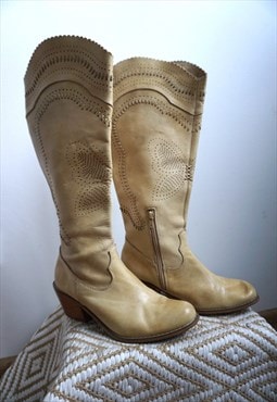 Vintage Beige Genuine Leather Cowboy Western Boots Shoes