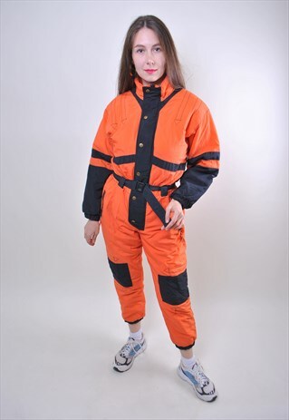 90S ORANGE BRIGHT SKI SUIT, VINTAGE WOMEN ONE PIECE SNOWSUIT
