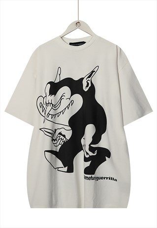 OVERSIZE FIT RUDE DEVIL PRINT PUNK GRAFFITI SLOGAN T-SHIRT