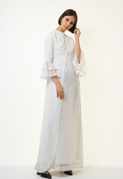 70s Vintage White Boho Maxi Lace Wedding Dress 4246