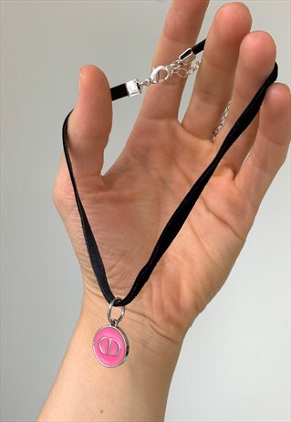 REWORKED AUTHENTIC DIOR PINK LOGO CHOKER ON BLACK VELVET