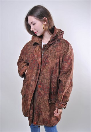 RETRO ABSTRACT PRINT WOMAN BROWN AUTUMN HOODED PARKA JACKET