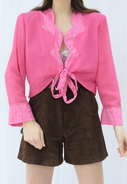 80s Vintage Pink Cropped Blouse (Size L)