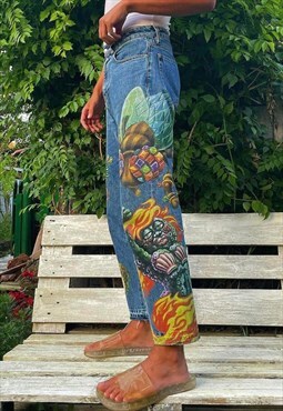 GCDS Blingy Sea Monster Hand Painted Denim Jeans