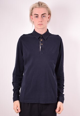 BURBERRY MENS VINTAGE POLO SHIRT LONG SLEEVE LARGE NAVY 90S
