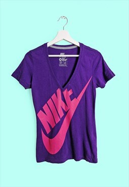 Y2K NIKE V-neck T-shirt Purple Pink Big Swoosh Logo