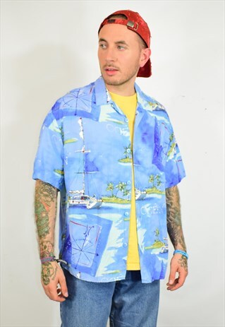 VINTAGE 90S BLUE OCEAN PRINT HAWAIIAN FESTIVAL SHIRT
