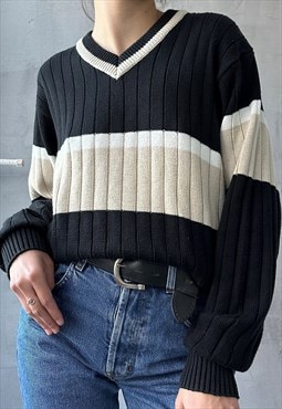 Vintage 00's Unisex Autumn Winter Black&Cream Striped Jumper