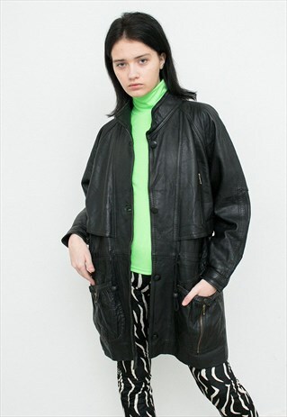 VINTAGE LEATHER JACKET BLACK JACKET LONG SLEEVES OUTERWEAR