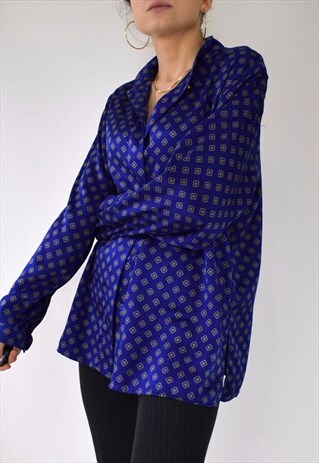 VINTAGE BRIGHT JEWEL BLUE SATIN SHIRT GOLD PRINT S/M