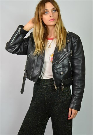 VINTAGE BLACK LEATHER CROPPED MOTORCYCLE BIKER JACKET