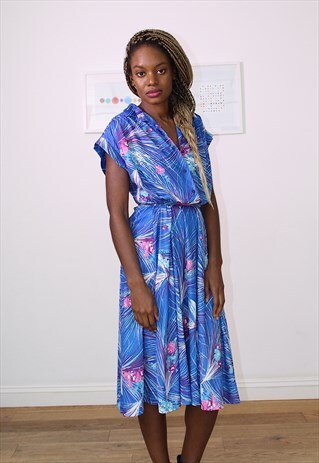 80S BRIGHT BLUE WITH ABRACT PRINT DRESS