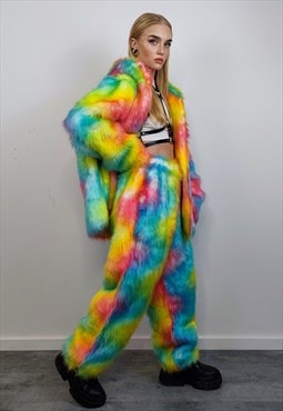 Rainbow faux fur joggers rave pants fluffy unicorn trousers