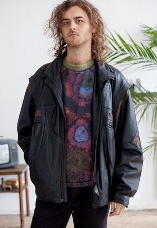 VINTAGE BLACK LEATHER BOMBER JACKET FROM THE 80S