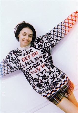 VINTAGE 80S RETRO OVERSIZED KNIT JUMPER WITH SLOGAN PATTERN