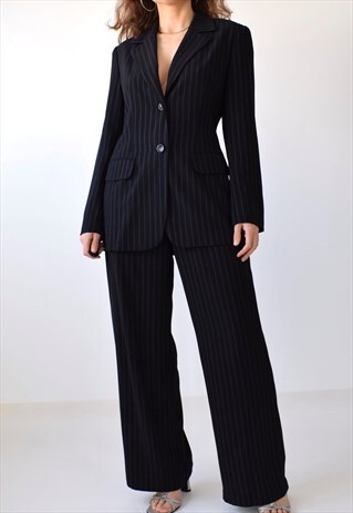 VINTAGE 90 Y2K PINSTRIPE TWO PIECE BLAZER TROUSER SUIT 8-10