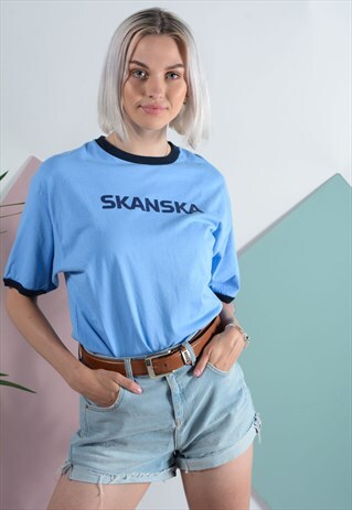 VINTAGE CHAMPION RINGER T-SHIRT IN BLUE WITH PRINT