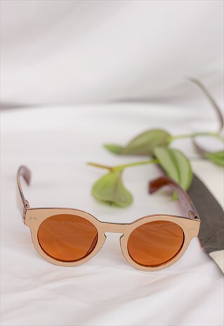 BEIGE AND BROWN SHELL CHUNKY ROUNDED SUNGLASSES