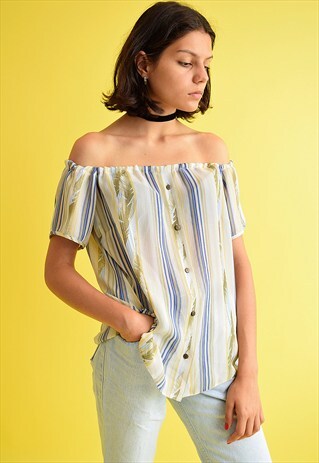 RETRO 80'S ABSTRACT PATTERN CUSTOMIZED OFF-SHOULDER BLOUSE