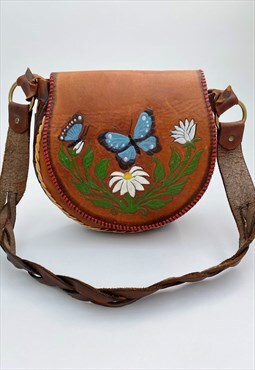 70's Vintage Ladies Tooled Butterfly Leather Brown Bag