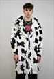 COW PRINT COAT HOODED FAUX FUR SPOT PATTERN TRENCH ANIMAL 