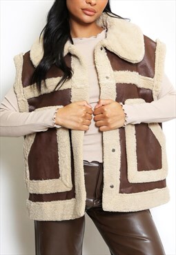 Borg Faux Suede Gilet In Brown