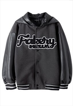 Fake news varsity jacket PU sleeve detachable hood bomber