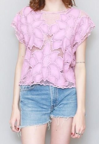 VINTAGE 1970'S PINK FLORAL CROCHET BOHO TOP