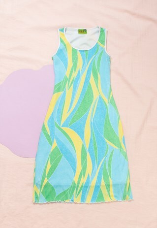 Vintage Dress 90s Psychedelic Lettuce Hem Midi in Green