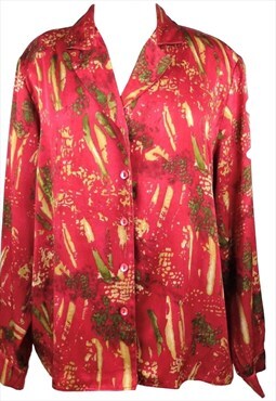 Vintage 80s Blouse Red Silky Abstract Long Sleeve Button Up