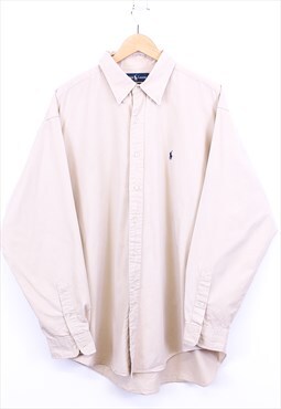 Vintage Ralph Lauren Shirt Beige Long Sleeve With Navy Logo