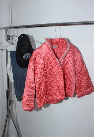 RARE VINTAGE 1950S SATIN PEACH CORAL QUILTED BED JACKET