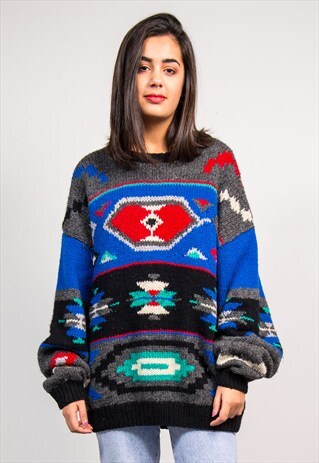 VINTAGE 90'S CRAZY BRIGHT PATTERN OVERSIZE KNIT JUMPER