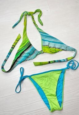 Vintage Y2k Bikini Reversible Blue Green Tie Up Patterned 