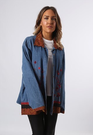 DENIM JACKET 'SHIRT STYLE' EMBROIDERED UK 18 (J73U)
